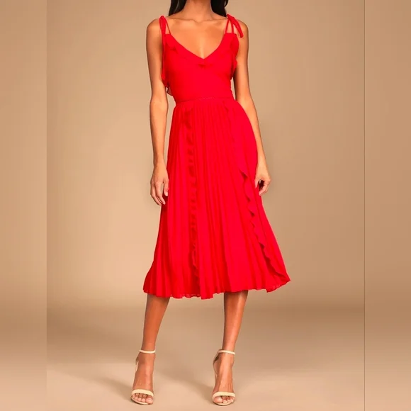 Lulus Never a Dull Moment Bright Red Tie-Strap Pleated Midi Dress, Size XL - Picture 5 of 11